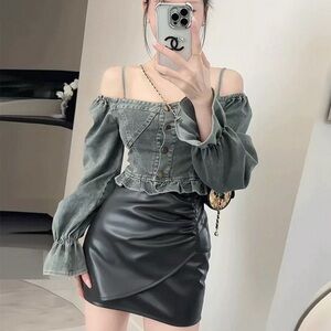 Brand New with tag/ Off-Shoulder Denim Top with Bell Sleeves/ suggest for S